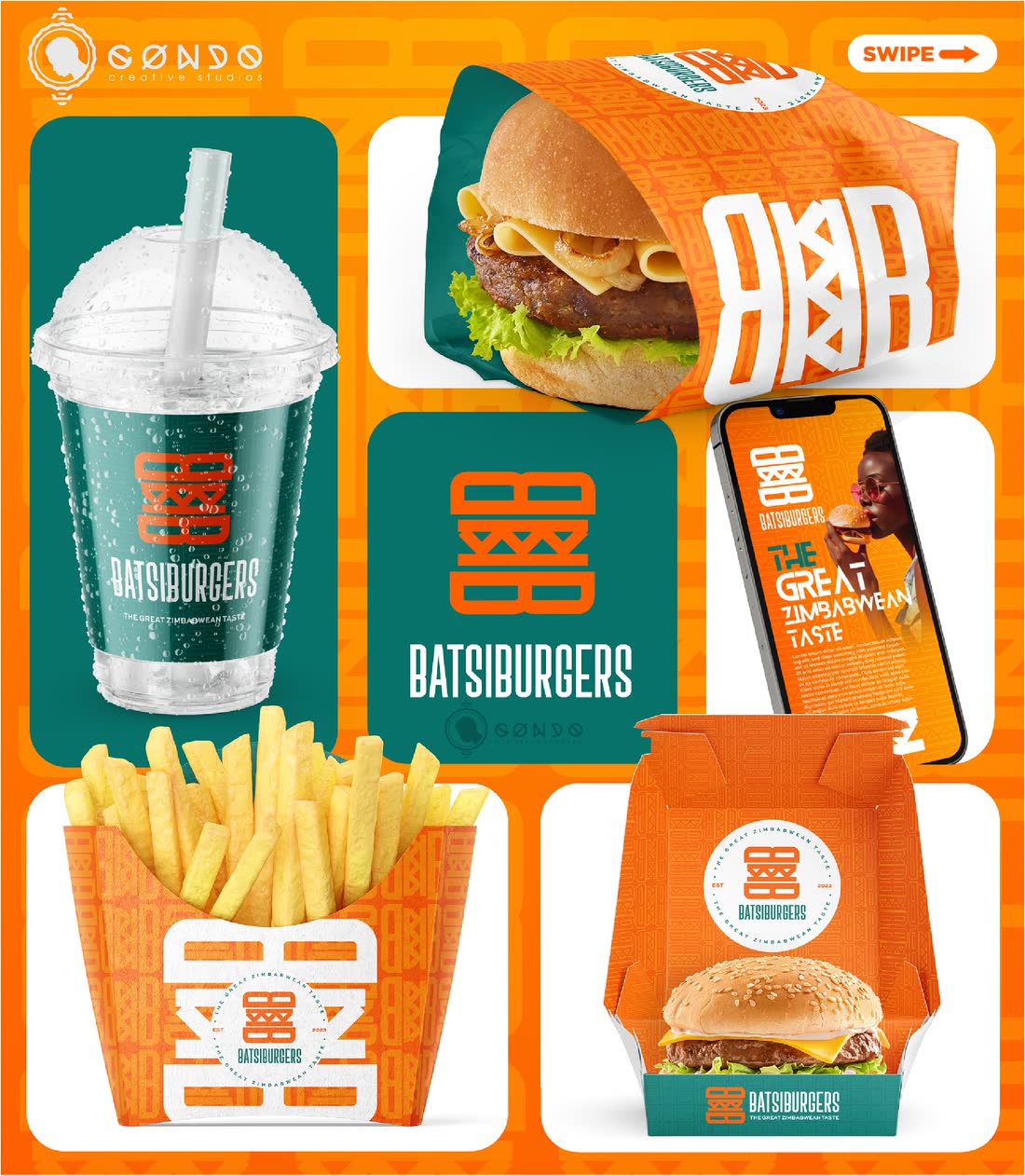 A burger bar identity across a cup, wrapper, phone and box in orange and teal; on hover the brand's film plays
