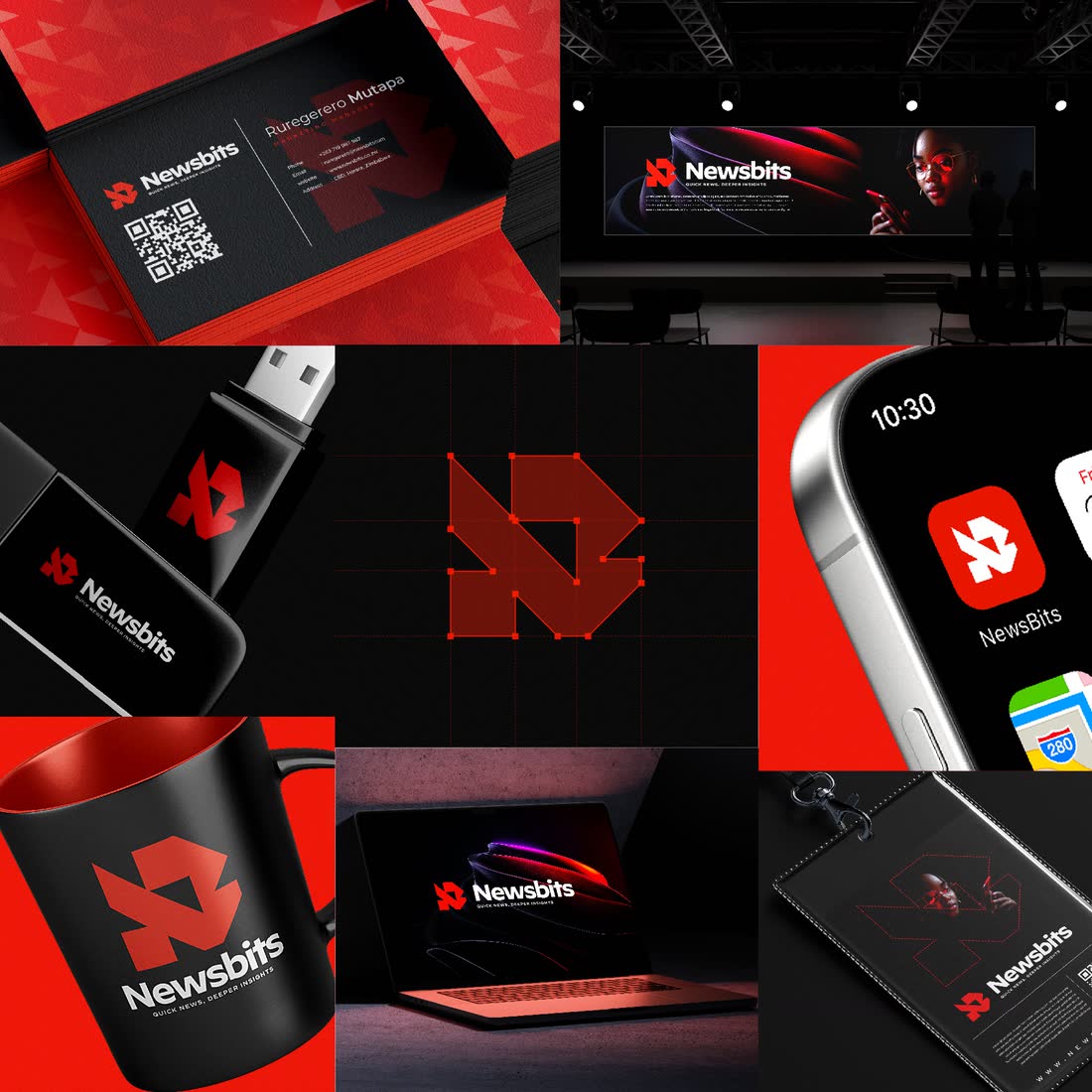 A red and black news brand across business cards, a flash drive, a phone, a mug and a laptop; on hover the mark animates