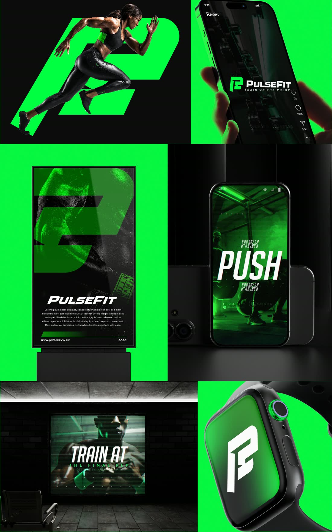 A fitness brand identity across a runner, a phone, a poster and a watch in green and black; on hover the mark animates