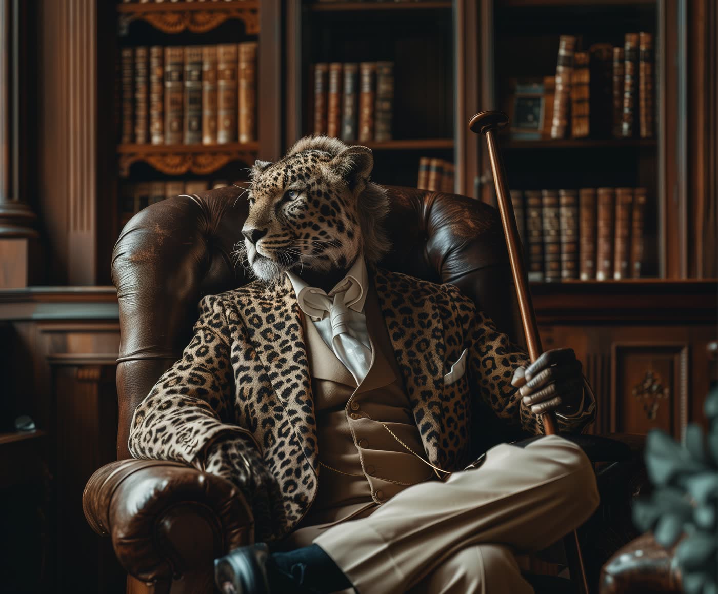 A leopard-headed figure in a cream suit in a library armchair, a generated family crest concept