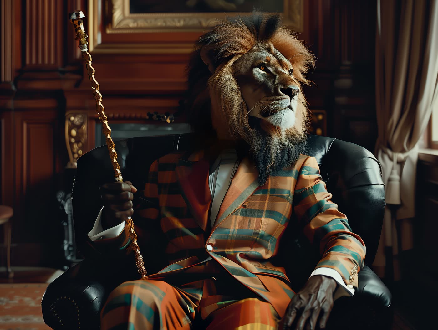 A lion-headed figure in a striped suit holding a cane, a generated family crest concept