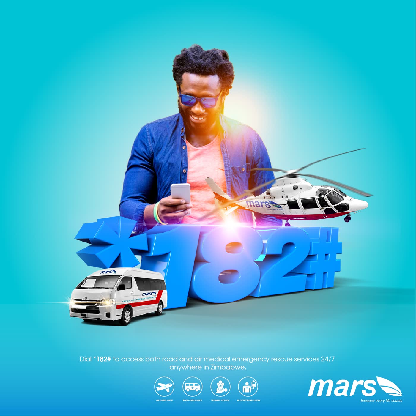A man in sunglasses with a phone, an ambulance and a helicopter around a short code